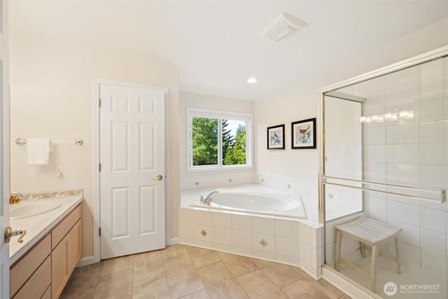 1402 Langara Cir, Bellingham, WA 98229 - full bath featuring vanity, a bath, a shower stall, tile patterned floors, and recessed lighting