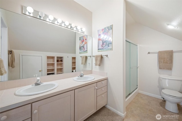 1402 Langara Cir, Bellingham, WA 98229 - bathroom featuring double vanity, a shower stall, lofted ceiling, and tile patterned floors