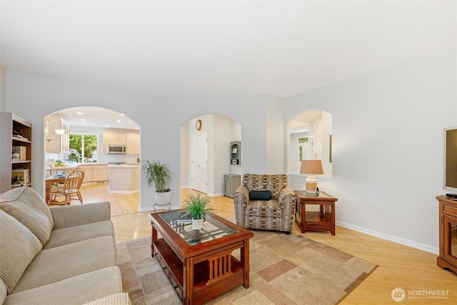 1402 Langara Cir, Bellingham, WA 98229 - living room featuring light wood-style floors and arched walkways