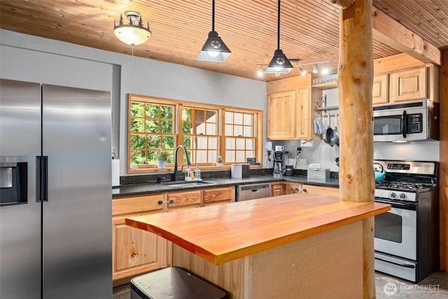 16845 Second Creek Rd, Leavenworth, WA 98826 - kitchen featuring wooden counters, stainless steel appliances, wood ceiling, hanging light fixtures, and a kitchen island