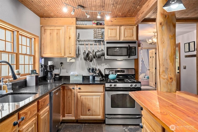 16845 Second Creek Rd, Leavenworth, WA 98826 - kitchen featuring wood ceiling, appliances with stainless steel finishes, wooden counters, and rail lighting