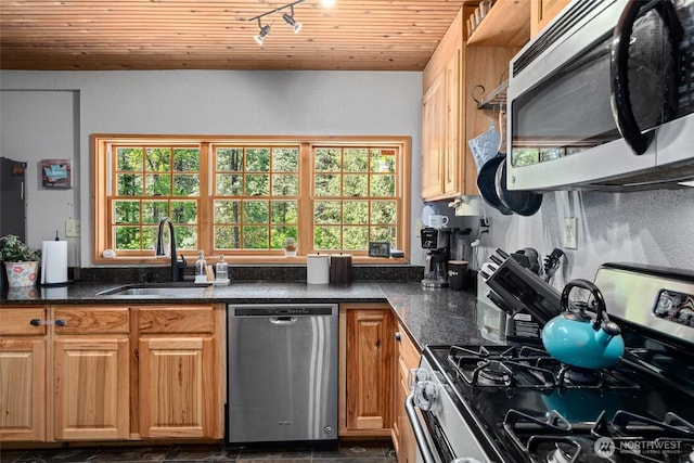 16845 Second Creek Rd, Leavenworth, WA 98826 - kitchen featuring appliances with stainless steel finishes, wooden ceiling, rail lighting, and dark stone countertops