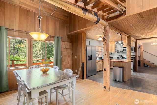 16845 Second Creek Rd, Leavenworth, WA 98826 - dining space with wood ceiling, wooden walls, hardwood / wood-style floors, and stairway