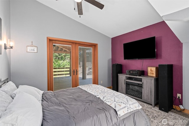 16845 Second Creek Rd, Leavenworth, WA 98826 - bedroom with access to exterior, french doors, lofted ceiling, and a ceiling fan