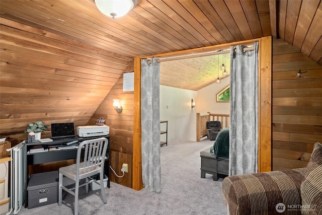 16845 Second Creek Rd, Leavenworth, WA 98826 - home office featuring lofted ceiling, carpet flooring, wood walls, and wooden ceiling