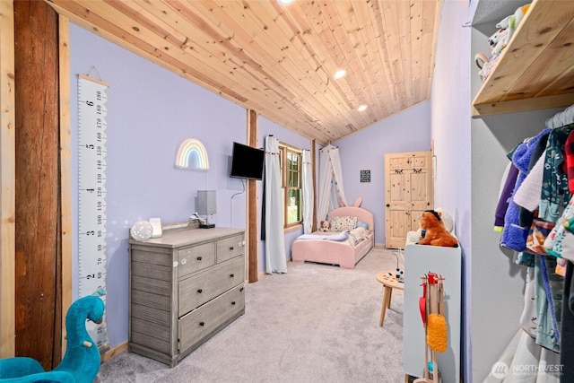 16845 Second Creek Rd, Leavenworth, WA 98826 - bedroom with vaulted ceiling, carpet flooring, and wood ceiling