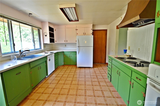 113 19th Ave SE, Puyallup, WA 98372 - kitchen featuring white appliances, under cabinet range hood, open shelves, and light countertops