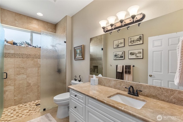 3912 Prestwick Ln SE, Olympia, WA 98501 - full bathroom with vanity, a shower stall, and tile patterned floors