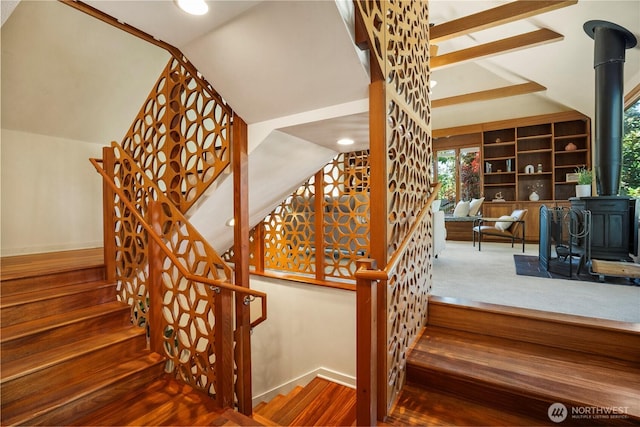 118 NW 132nd St, Seattle, WA 98177 - staircase with a wood stove, vaulted ceiling, and recessed lighting
