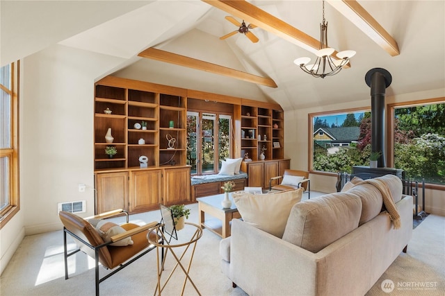 118 NW 132nd St, Seattle, WA 98177 - living area with light carpet, a wood stove, and a ceiling fan
