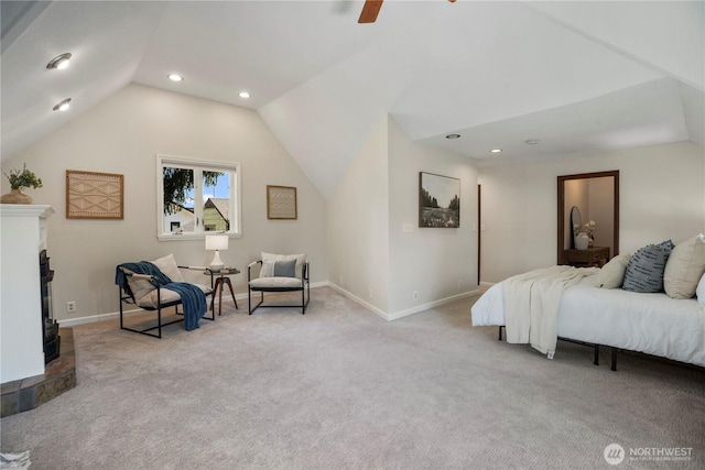118 NW 132nd St, Seattle, WA 98177 - bedroom with light carpet, lofted ceiling, ceiling fan, a fireplace with raised hearth, and recessed lighting