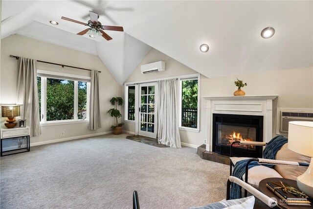 118 NW 132nd St, Seattle, WA 98177 - living area featuring a wall unit AC, carpet floors, a glass covered fireplace, a ceiling fan, and lofted ceiling