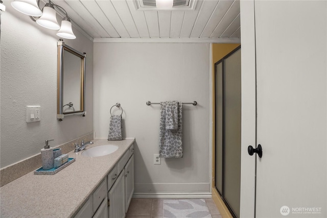 118 NW 132nd St, Seattle, WA 98177 - bathroom featuring vanity, wood ceiling, a stall shower, and tile patterned flooring