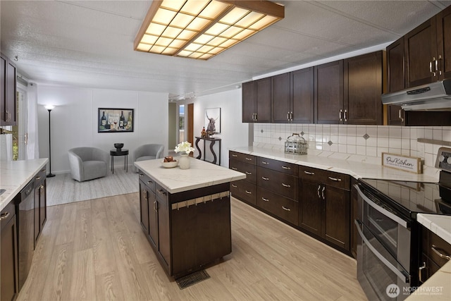 27114 320th Ave SE, Ravensdale, WA 98051 - kitchen featuring stainless steel appliances, under cabinet range hood, light wood-type flooring, backsplash, and dark brown cabinets