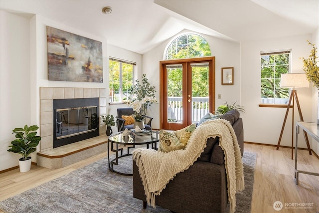 9004 20th Ave NE, Seattle, WA 98115 - living area with wood finished floors, lofted ceiling, and a tiled fireplace