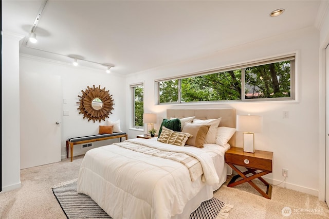 201 E Boston St Unit 2100, Seattle, WA 98102 - bedroom featuring light carpet, track lighting, and crown molding
