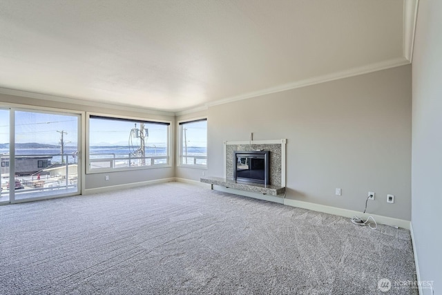 2514 57th Ave SW Unit 301, Seattle, WA 98116 - unfurnished living room featuring ornamental molding, carpet flooring, and a high end fireplace