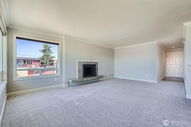 2514 57th Ave SW Unit 301, Seattle, WA 98116 - unfurnished living room with ornamental molding, carpet, and a premium fireplace