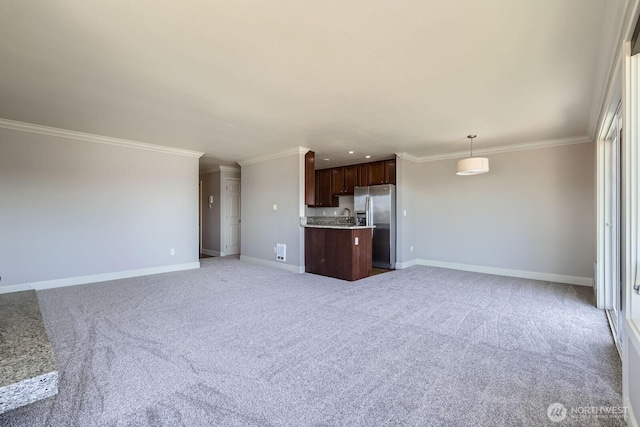 2514 57th Ave SW Unit 301, Seattle, WA 98116 - unfurnished living room featuring ornamental molding, light carpet, and recessed lighting
