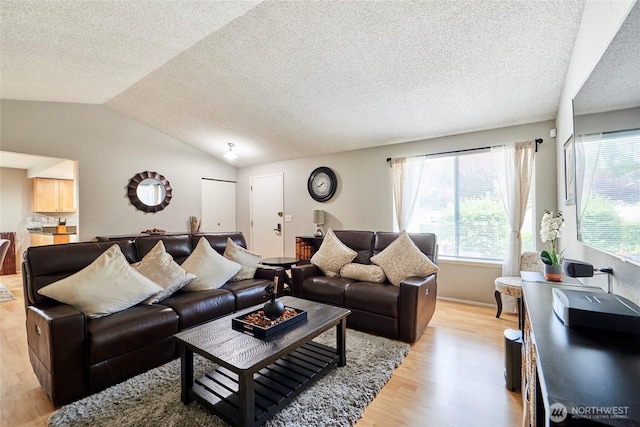 2003 SW 307th St Unit B, Federal Way, WA 98023 - living area featuring light wood-style flooring, vaulted ceiling, and a textured ceiling