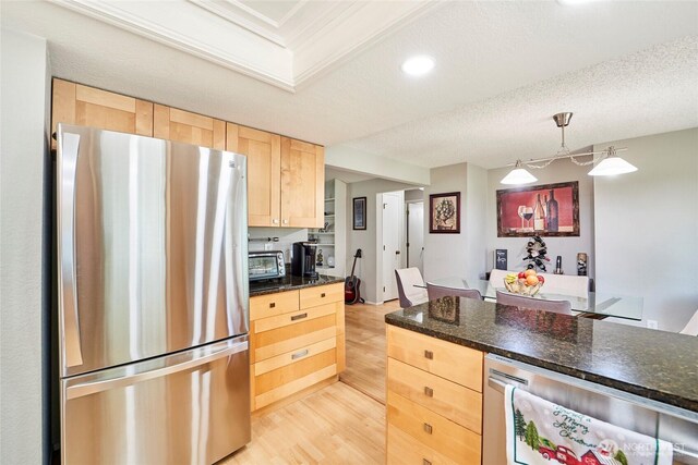 2003 SW 307th St Unit B, Federal Way, WA 98023 - kitchen with appliances with stainless steel finishes, light brown cabinets, light wood-style flooring, recessed lighting, and dark countertops