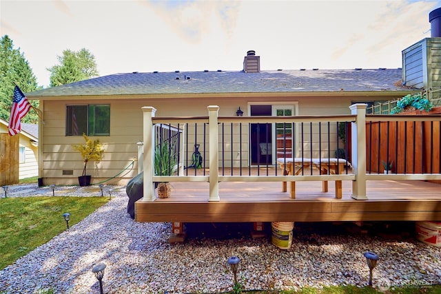 2003 SW 307th St Unit B, Federal Way, WA 98023 - rear view of house featuring a chimney, a wooden deck, and roof with shingles