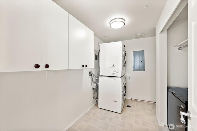 3201 Pacific Ave Unit 602, Tacoma, WA 98418 - laundry room featuring stacked washer / dryer, electric panel, and cabinet space