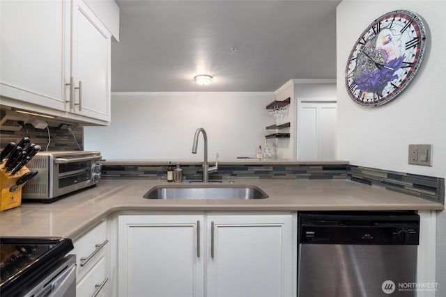 960 Harris Ave Unit 305, Bellingham, WA 98225 - kitchen with stainless steel dishwasher, white cabinets, ornamental molding, light countertops, and decorative backsplash