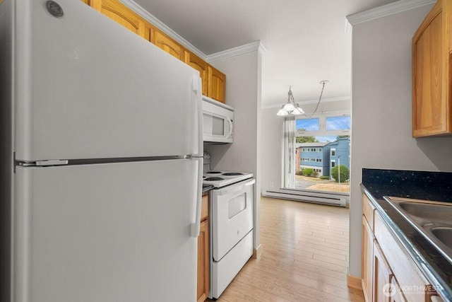 15146 65th Ave S Unit 518, Tukwila, WA 98188 - kitchen with white appliances, baseboard heating, crown molding, light wood-style flooring, and dark countertops