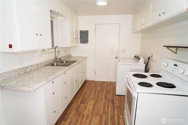 4011 147th Pl SE, Bellevue, WA 98006 - kitchen with white electric range oven, white cabinetry, washing machine and dryer, and light countertops