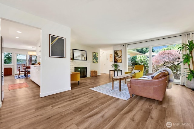 10507 NE 193rd St, Bothell, WA 98011 - living room featuring light wood-style floors, a glass covered fireplace, and recessed lighting