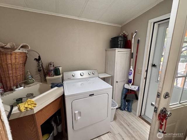 8839 Daffodil Ln SE, Olympia, WA 98513 - laundry area with washer / dryer, crown molding, and light wood-style flooring