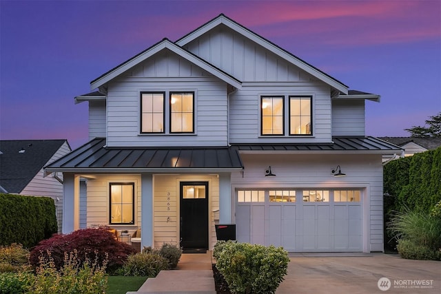 3865 46th Ave NE, Seattle, WA 98105 - modern farmhouse style home with a standing seam roof, an attached garage, concrete driveway, board and batten siding, and a metal roof