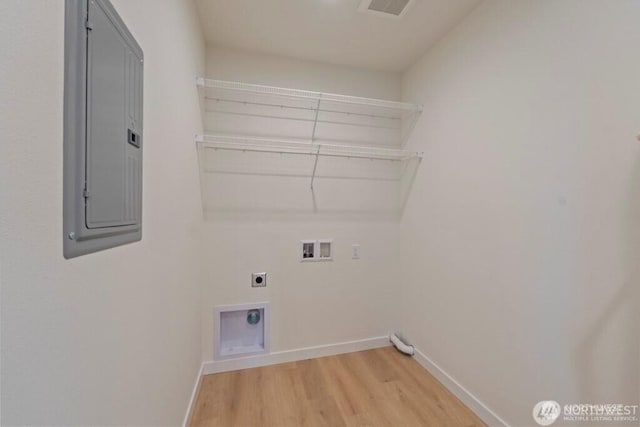 12302 5th Ave NE, Seattle, WA 98125 - laundry room featuring hookup for a washing machine, light wood-style flooring, electric panel, and electric dryer hookup