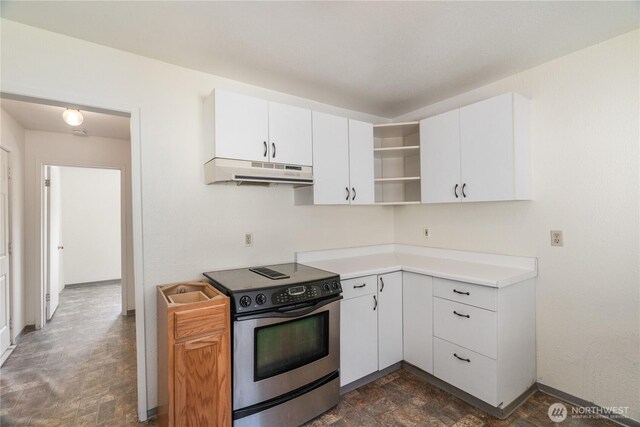 812 Duffy St, Aberdeen, WA 98520 - kitchen featuring electric range, under cabinet range hood, open shelves, white cabinetry, and light countertops