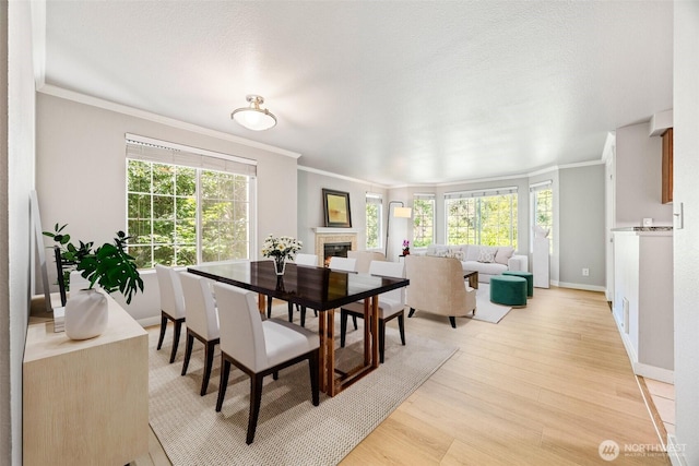 9822 NE 122nd St Unit U201, Kirkland, WA 98034 - dining space with ornamental molding, light wood-style floors, and a fireplace