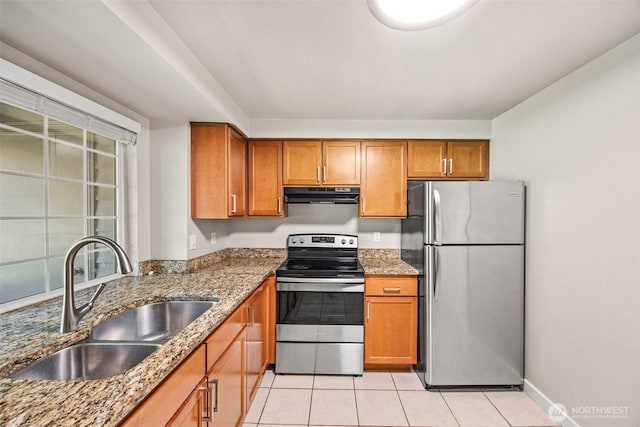 9822 NE 122nd St Unit U201, Kirkland, WA 98034 - kitchen featuring stainless steel appliances, under cabinet range hood, brown cabinets, stone counters, and light tile patterned floors