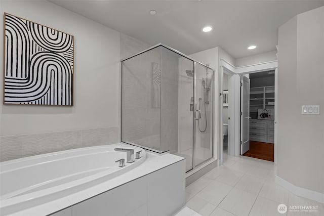 23422 26th Ave SE, Bothell, WA 98021 - full bathroom featuring a shower stall, a garden tub, tile patterned flooring, and recessed lighting