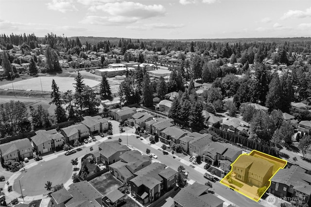 23422 26th Ave SE, Bothell, WA 98021 - aerial perspective of suburban area with property parcel outlined and a heavily wooded area