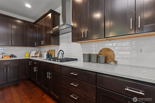 23422 26th Ave SE, Bothell, WA 98021 - kitchen with wall chimney exhaust hood, stainless steel gas stovetop, tasteful backsplash, dark wood-type flooring, and dark brown cabinetry