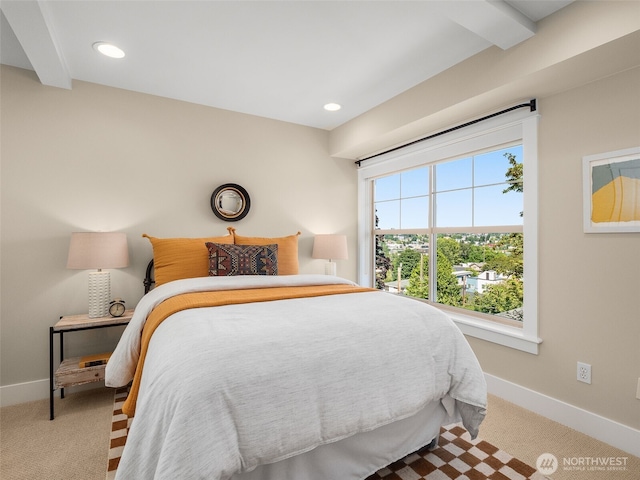 3011 Humes Pl W, Seattle, WA 98119 - bedroom featuring carpet flooring, beam ceiling, and recessed lighting