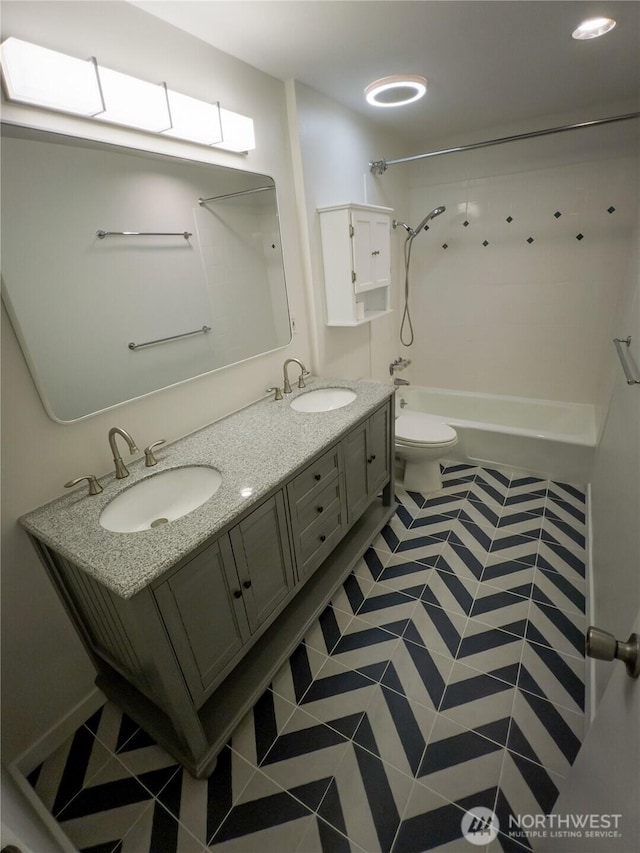 1717 150th Ave SE Unit 31, Bellevue, WA 98007 - full bath featuring bathtub / shower combination, double vanity, tile patterned flooring, and recessed lighting