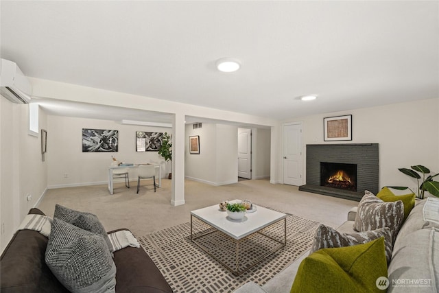 10032 35th Ave NE, Seattle, WA 98125 - living room featuring a wall unit AC, light carpet, and a brick fireplace