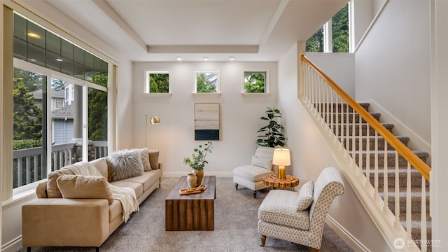 17303 SE 185th St, Renton, WA 98058 - carpeted living area with a raised ceiling, stairs, and recessed lighting