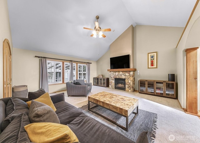 1307 Birchwood Dr, Everson, WA 98247 - carpeted living area featuring ceiling fan, high vaulted ceiling, and a fireplace
