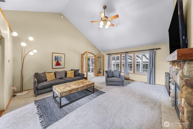 1307 Birchwood Dr, Everson, WA 98247 - living area with carpet, a ceiling fan, a fireplace, and high vaulted ceiling