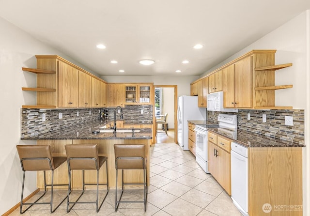 1307 Birchwood Dr, Everson, WA 98247 - kitchen featuring open shelves, white appliances, a peninsula, backsplash, and recessed lighting