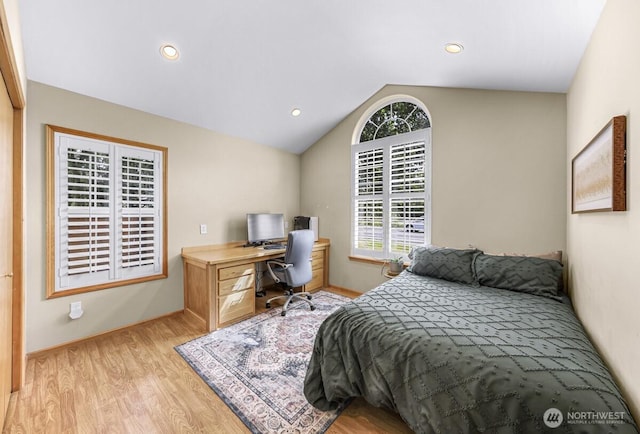 1307 Birchwood Dr, Everson, WA 98247 - bedroom with light wood-style flooring, lofted ceiling, an office area, and recessed lighting
