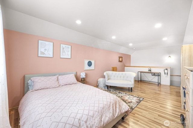1307 Birchwood Dr, Everson, WA 98247 - bedroom featuring wood finished floors, lofted ceiling, and recessed lighting