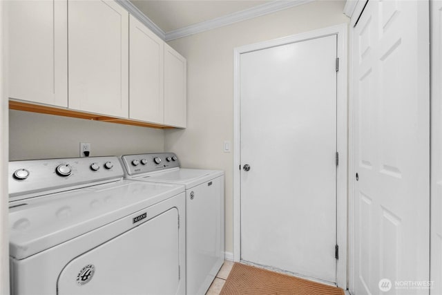 209 4th Ave N, Algona, WA 98001 - laundry room with washing machine and clothes dryer, cabinet space, crown molding, and light tile patterned flooring